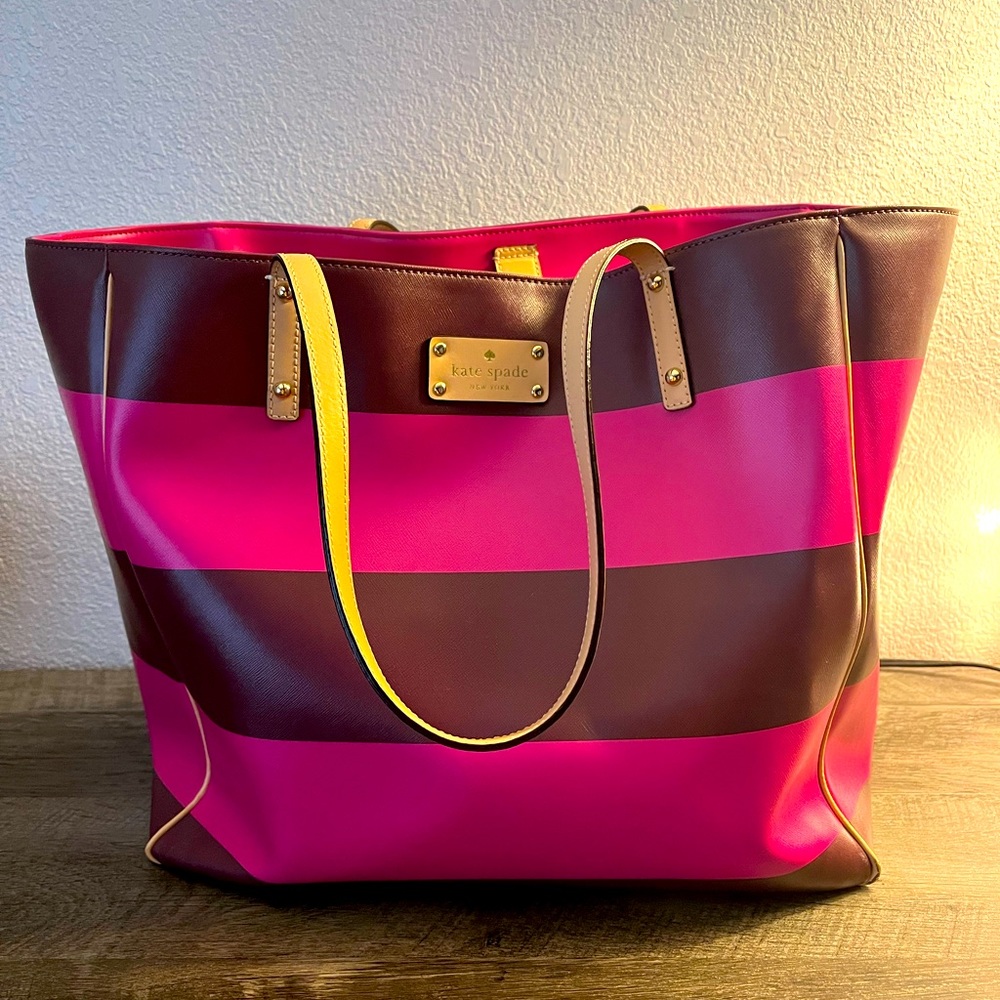 Kate Spade pink & burgundy striped Everything large tote bag